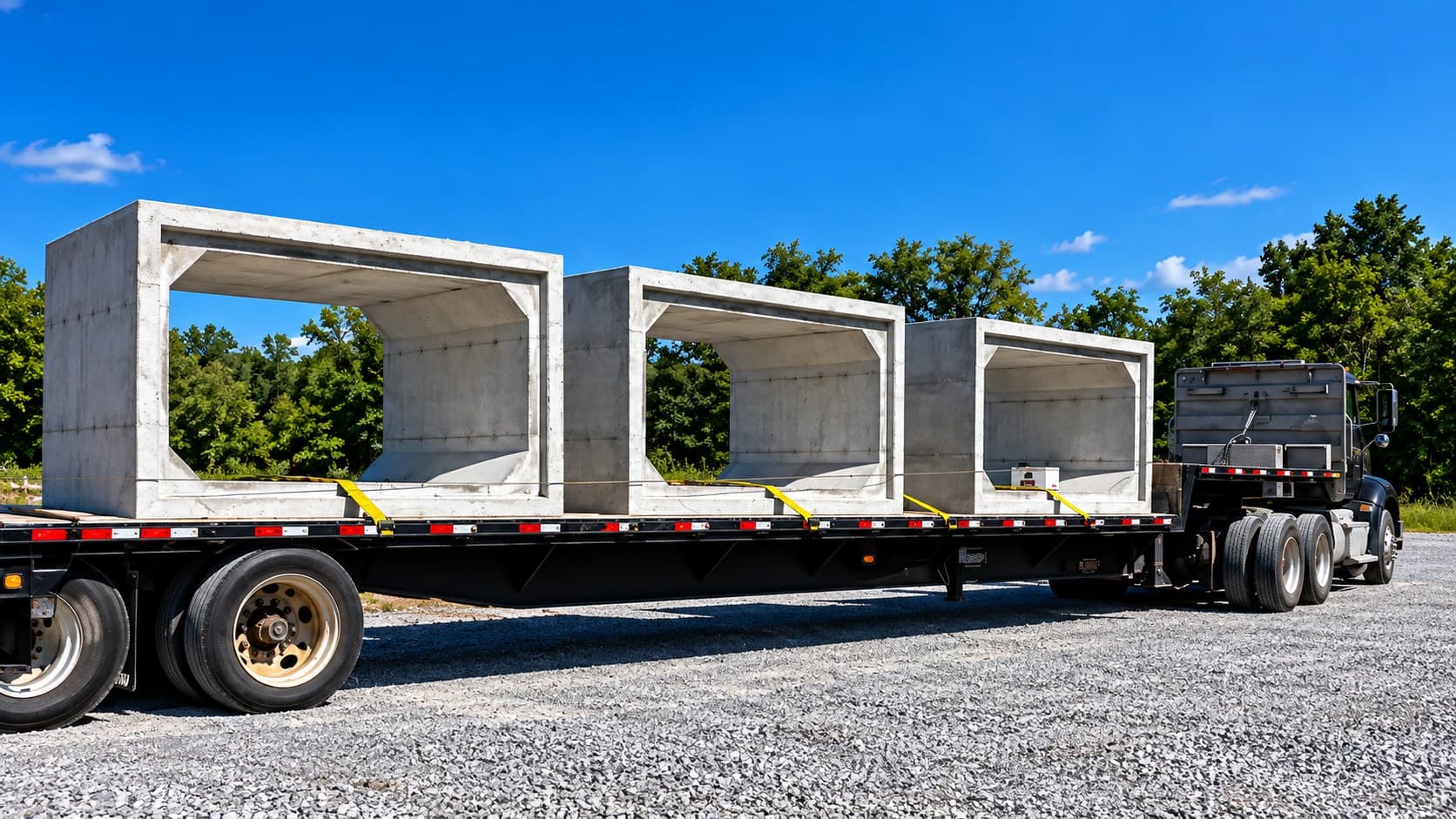 Precast box culvert sections loaded for delivery from the Holton Concrete Products yard