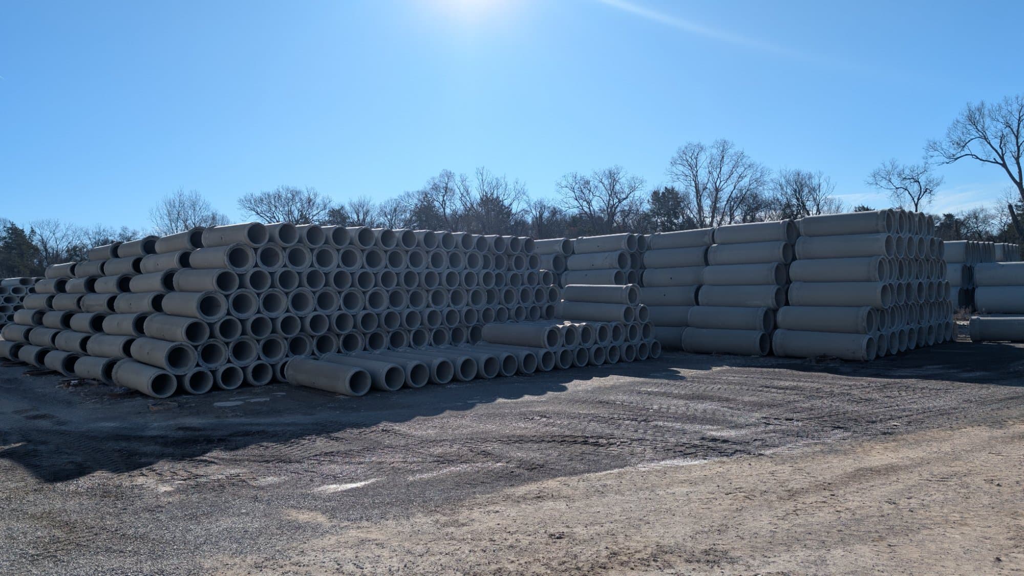 Stacked reinforced concrete pipe in the Holton Concrete Products yard