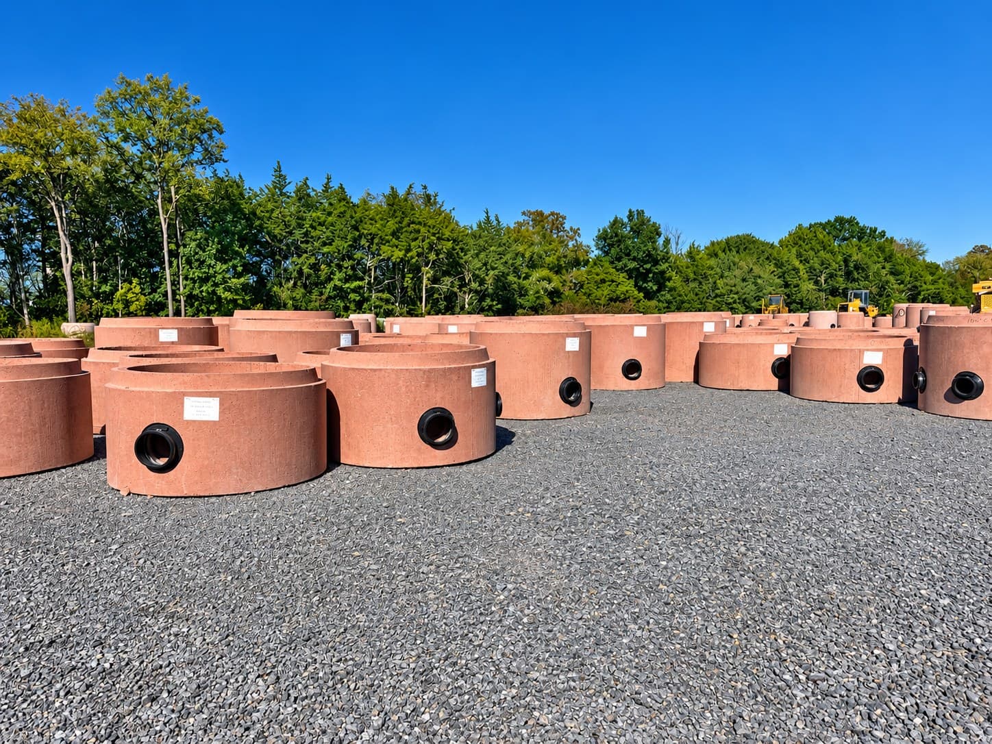 Precast sanitary sewer manhole sections in the Holton Concrete Products yard