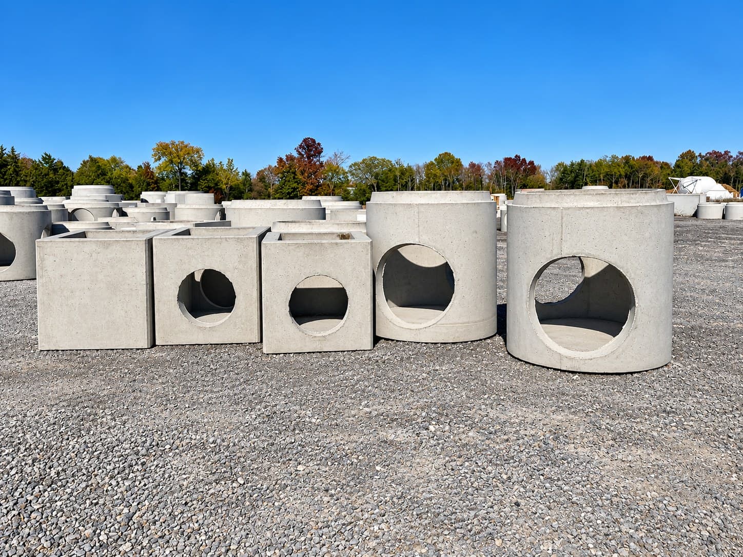 Precast catch basins and stormwater structures in the Holton Concrete Products yard
